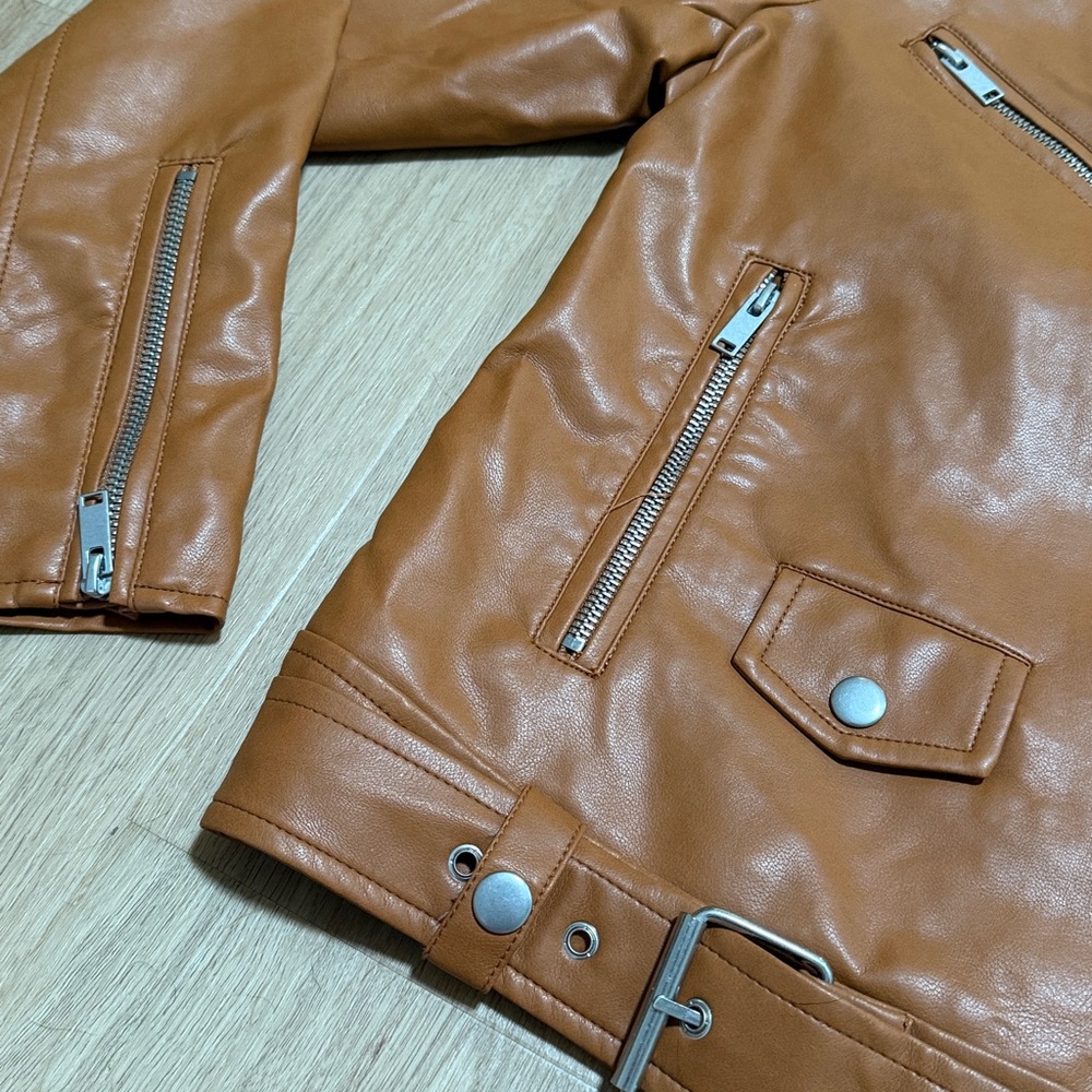 7 For All Mankind Tan Faux Leather Moto Jacket size M - Picture 3 of 6